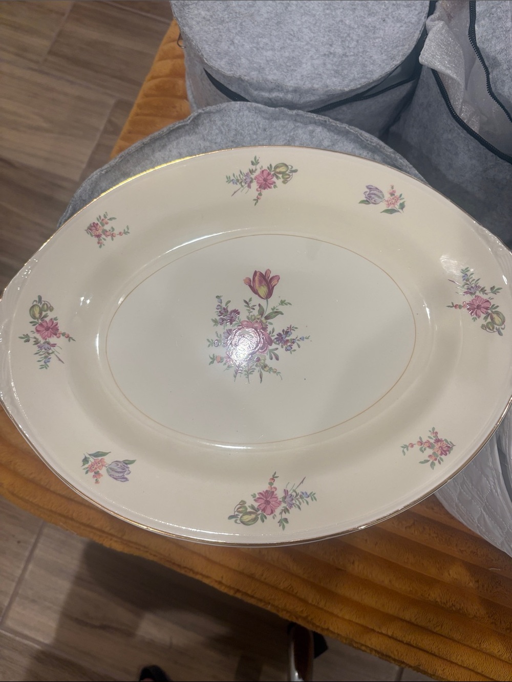 Classic Floral Porcelain Serving Platter - Cream and Pink